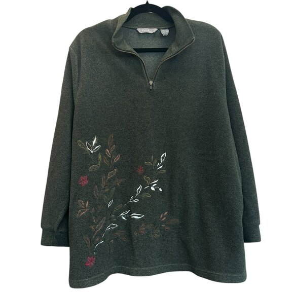 Vtg Tanjay 3/4 Zip Fleece • Sz 1X • Dark Khaki Green Embroidered Fall Foliage - Picture 1 of 5
